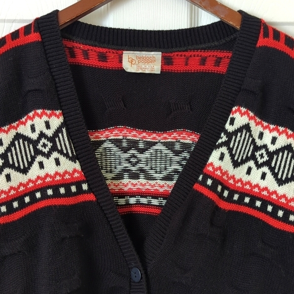 Beldoch Popper 80's Vintage Fair Isle & Pinched Knit Cardigan Sweater Black L - Picture 2 of 9